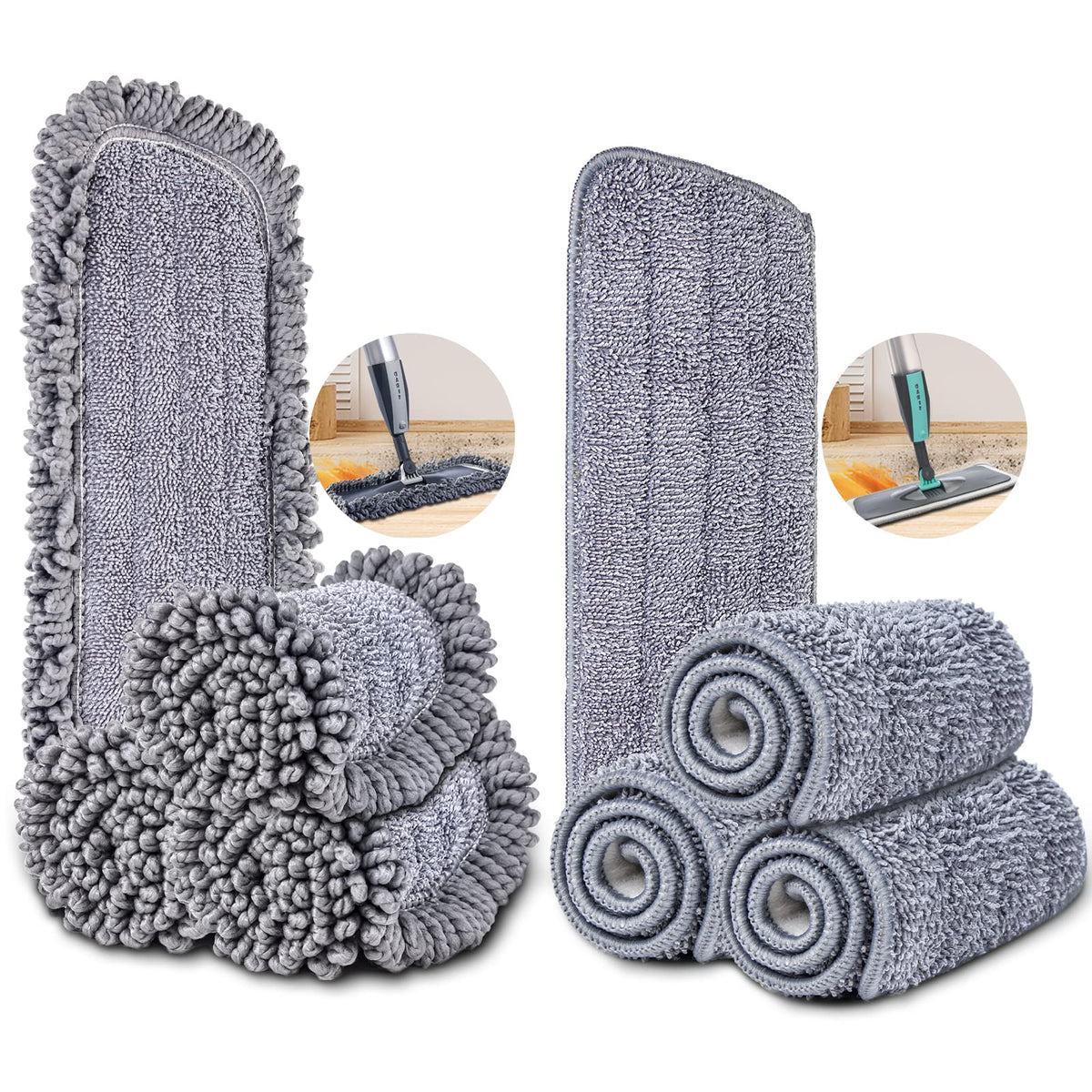 4-Layer Microfiber Spray Mop Pads in 2 Sizes, 6-Pack, Gray