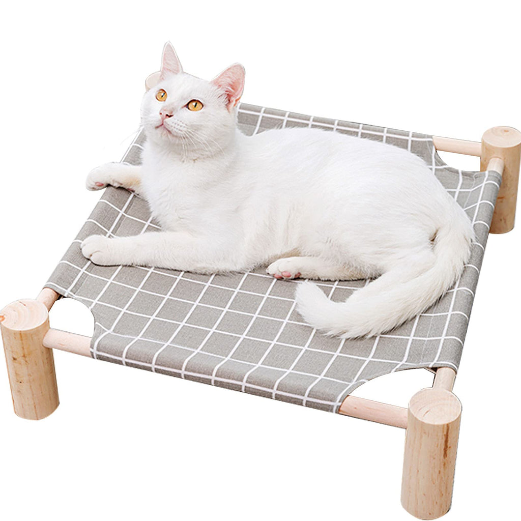Elevated Pine Wood Pet Hammock Bed with Cotton Linen Mat, Grey Grid
