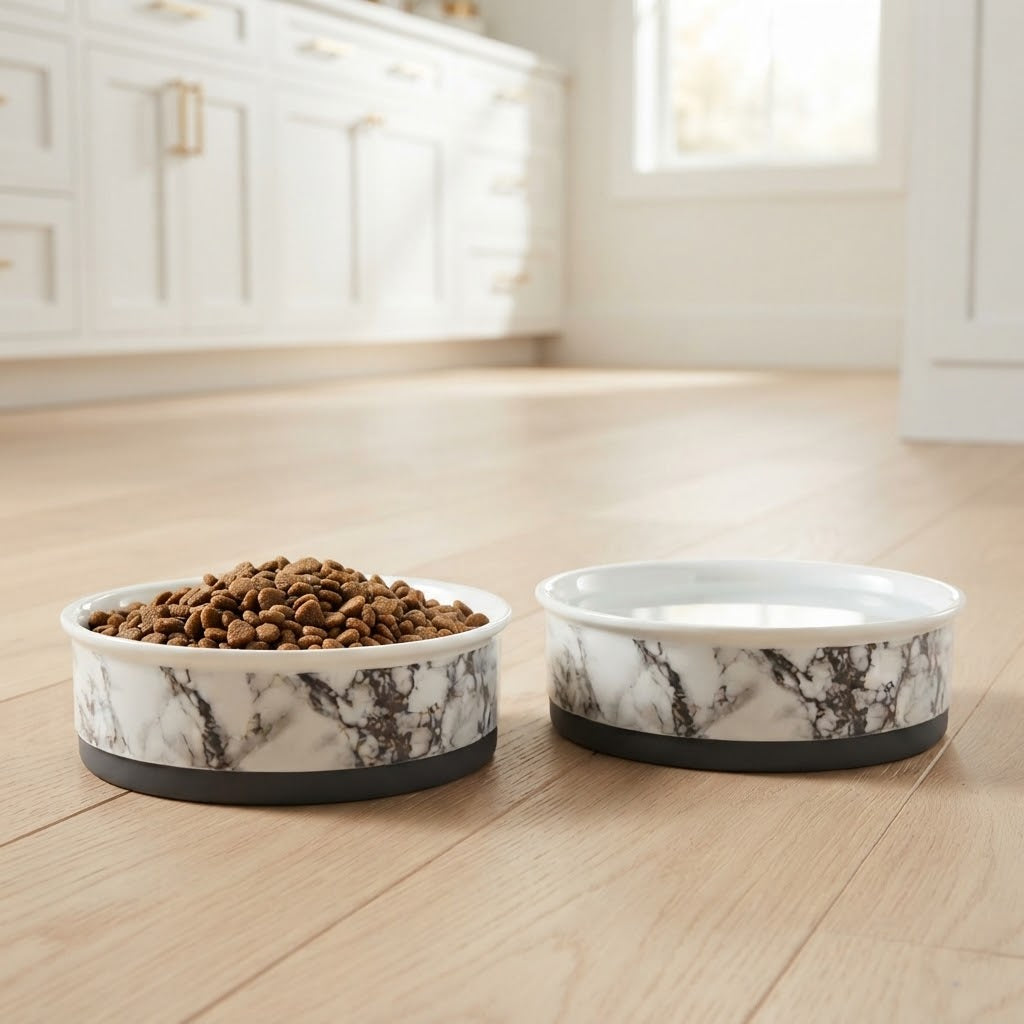 Large White Marble-Look Ceramic Pet Bowls, Set of 2