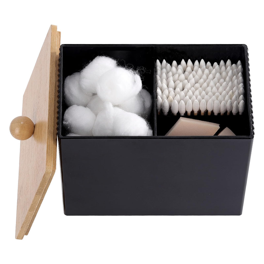 3-Compartment Q-Tip and Cotton Ball Holder with Bamboo Lids, Black
