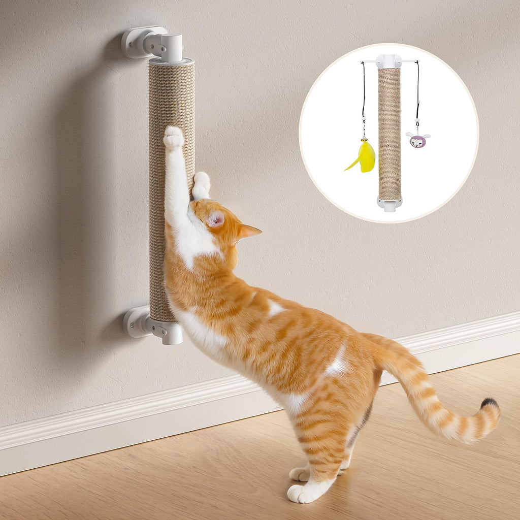 Wall-Mounted Jute Cat Scratching Post with Hanging Toys, 20.5 in