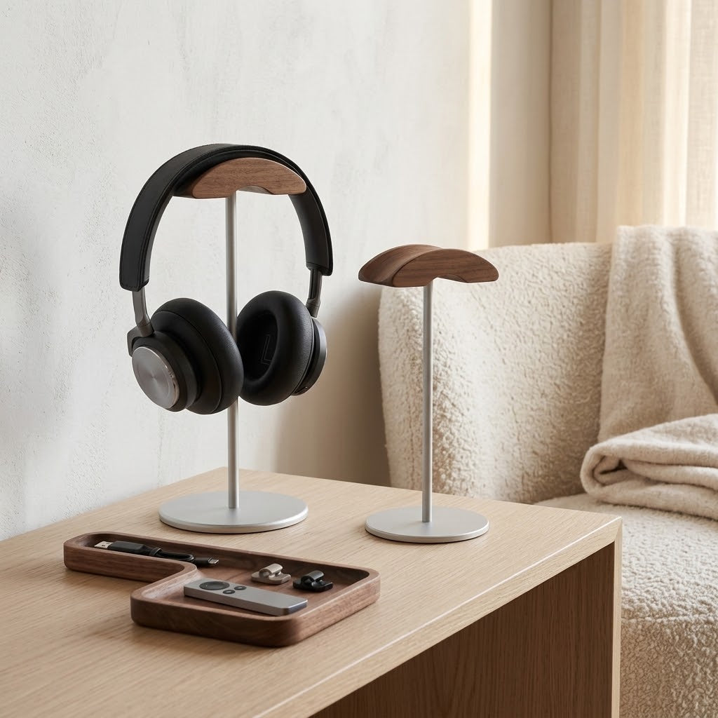 Wood and Aluminum Headphone Stand with Heavy Base, Silver