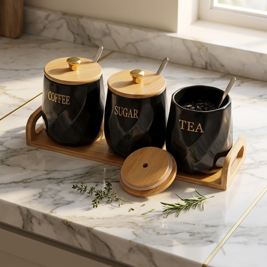 Black Ceramic Canister Set with Bamboo Lids and Tray, 3-Pack