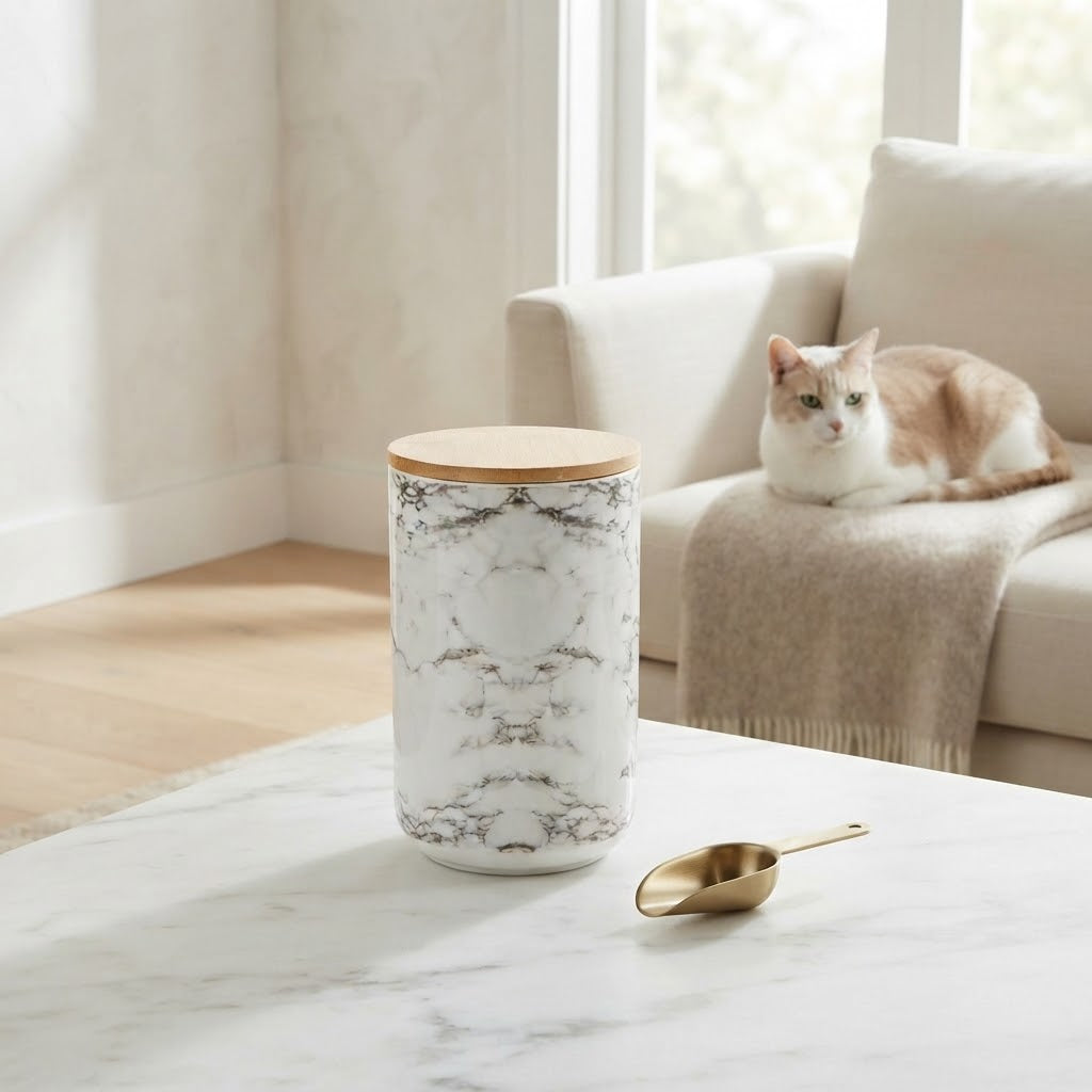 Ceramic Lattice Paw Pet Treat Jar with Bamboo Lid, 4 x 6.5 in, White