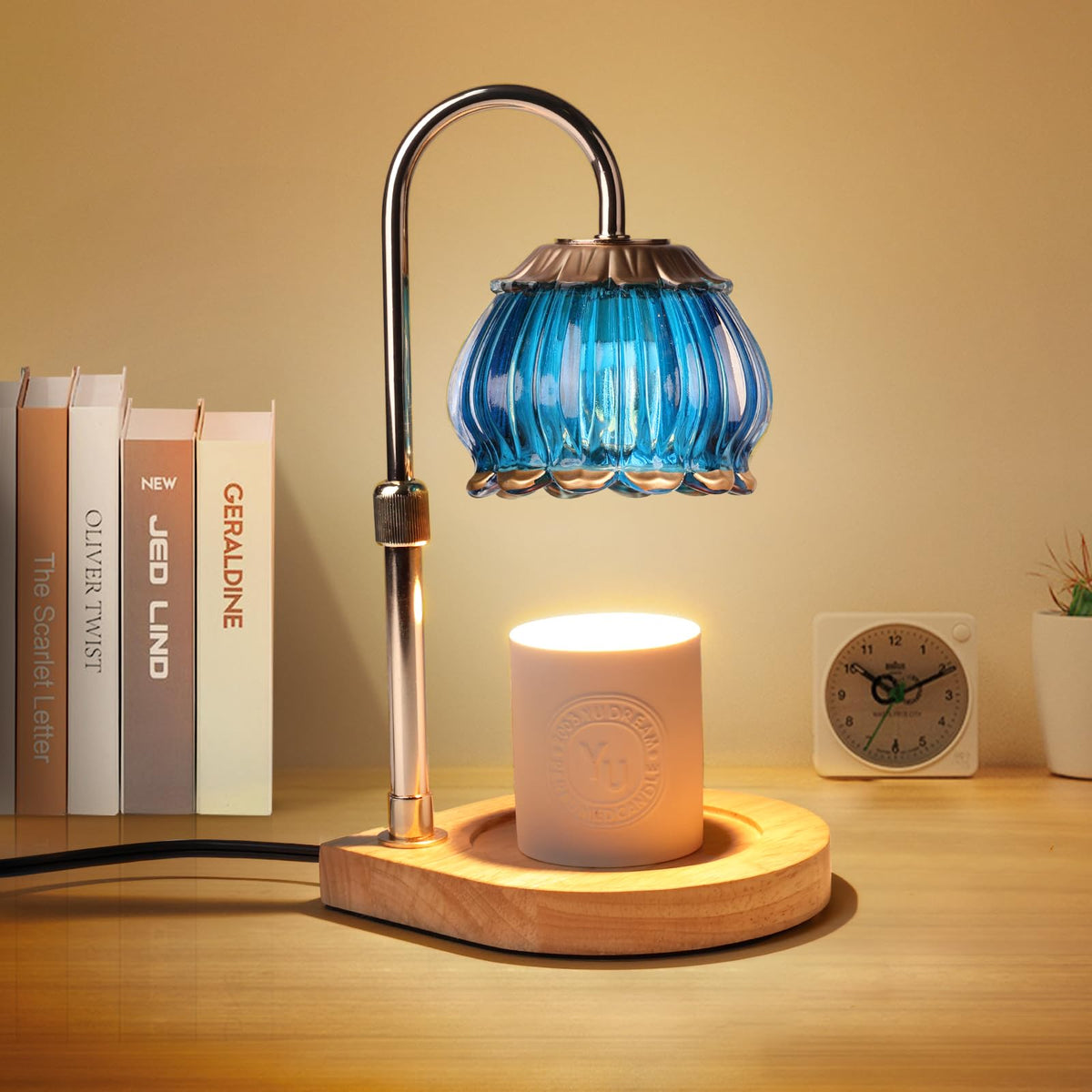Blue Glass Candle Warmer Lantern with 4-Level Dimmer and Timer