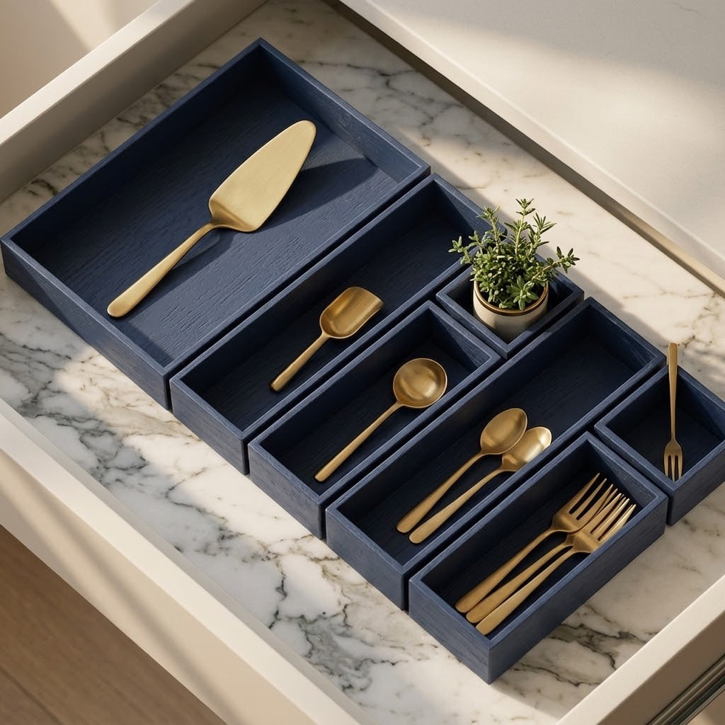 Bamboo Drawer Organizer Boxes, Set of 7, Navy Blue