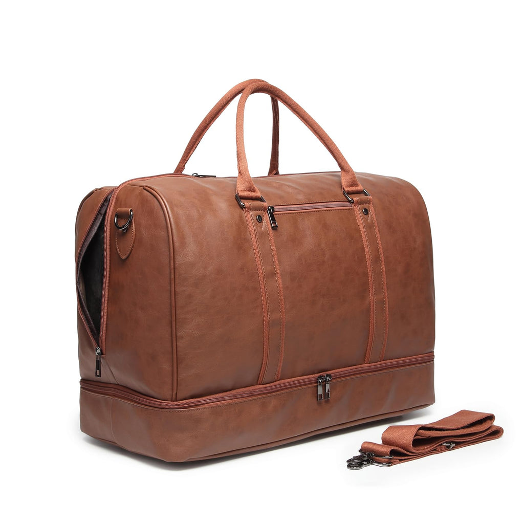 Oversized PU Leather Weekender Duffel with Shoe Pouch, Brown