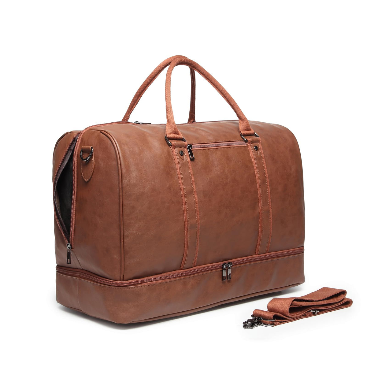 Oversized PU Leather Weekender Duffel with Shoe Pouch, Brown