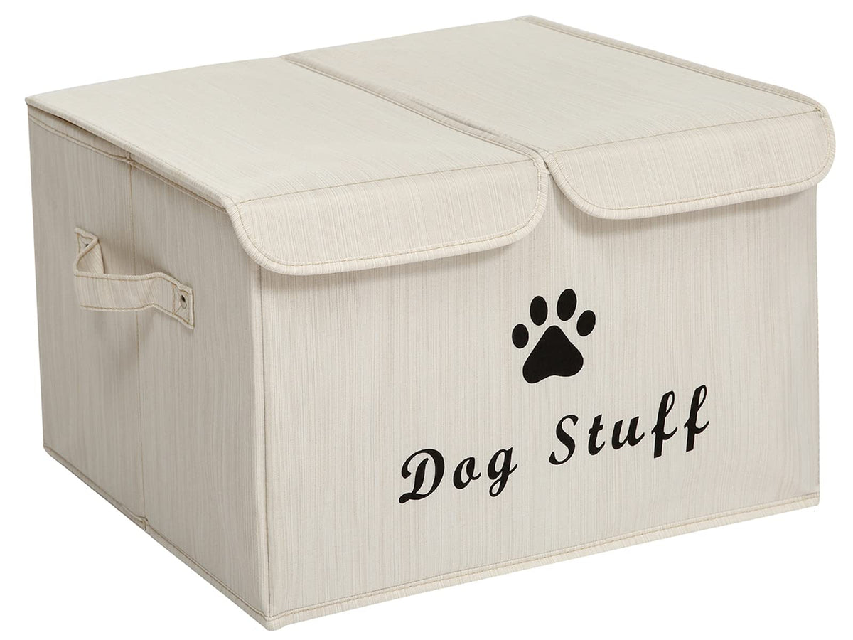 Canvas Linen Pet Toy Storage Box with Lid and Divider, Beige