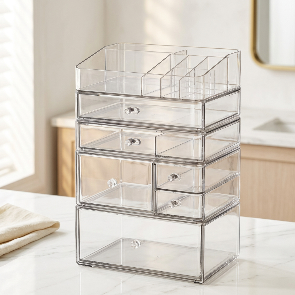 6-Drawer Acrylic Makeup Organizer Tower with Top Tray
