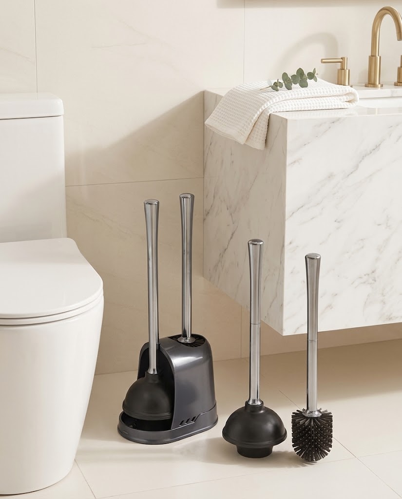 Toilet Plunger and Silicone Brush Set with Ventilated Holder, Gray