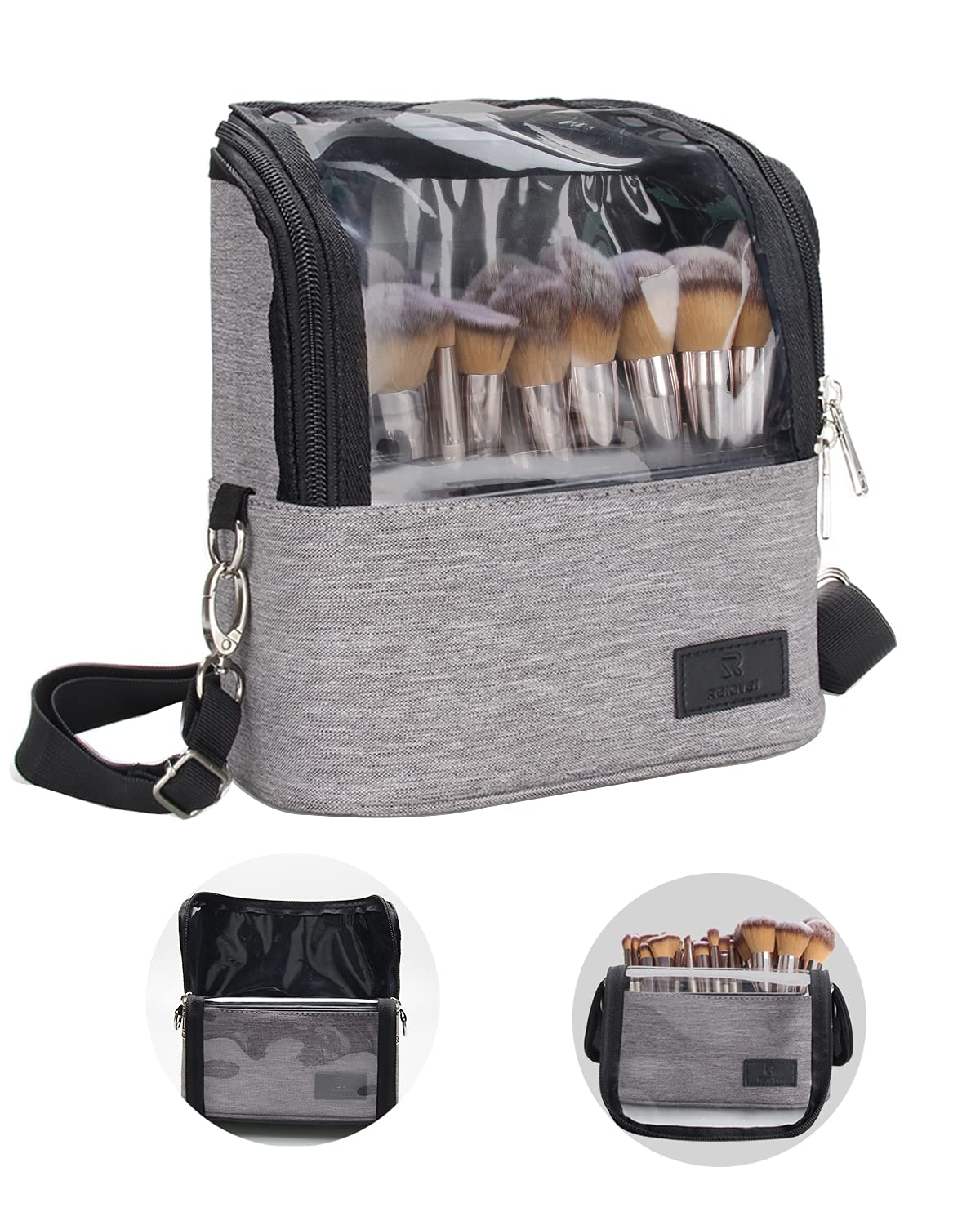 Stand-Up Makeup Brush Bag with Adjustable Dividers and Strap
