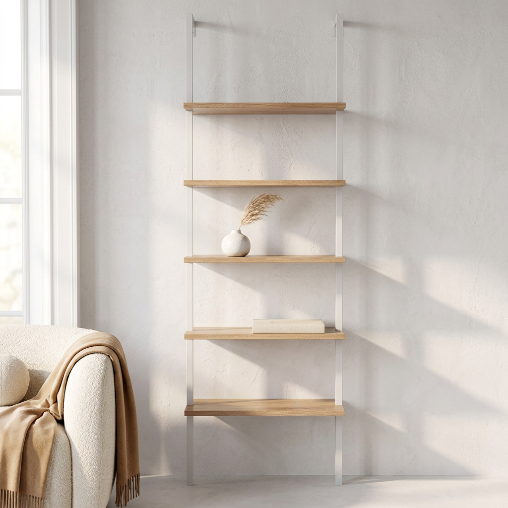 5-Tier Ladder Shelf Bookcase, Metal Frame, 70.87 in, Oak and White