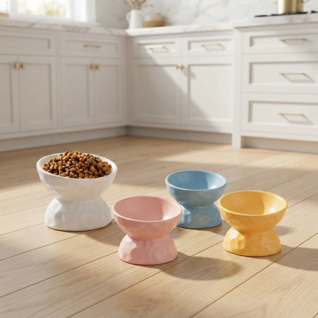 Raised Tilted Ceramic Cat Bowls, 6.8 oz, Set of 4