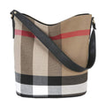 Plaid Canvas Bucket Tote with Leather Strap, Black
