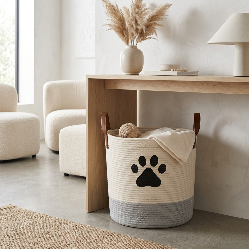 Round Cotton Rope Pet Toy Basket with Handles, White and Grey