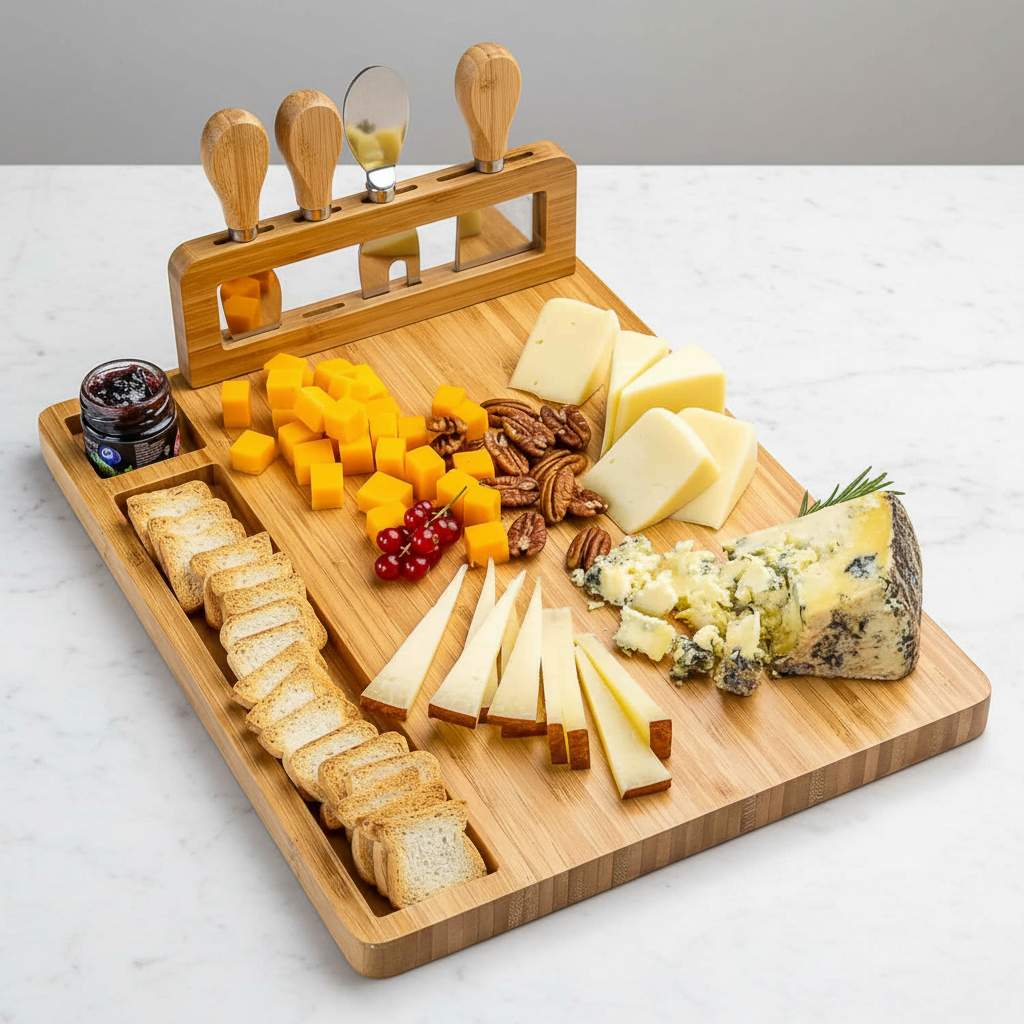 Bamboo Cheese Board with 4 Cheese Knives, 14 x 11 in