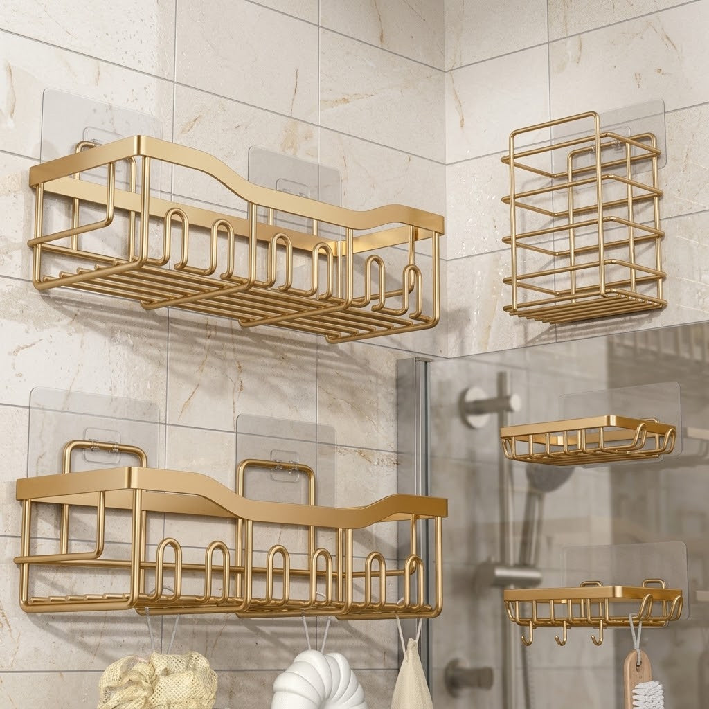 5-Piece Adhesive Stainless Steel Shower Caddy Set, Rose Gold