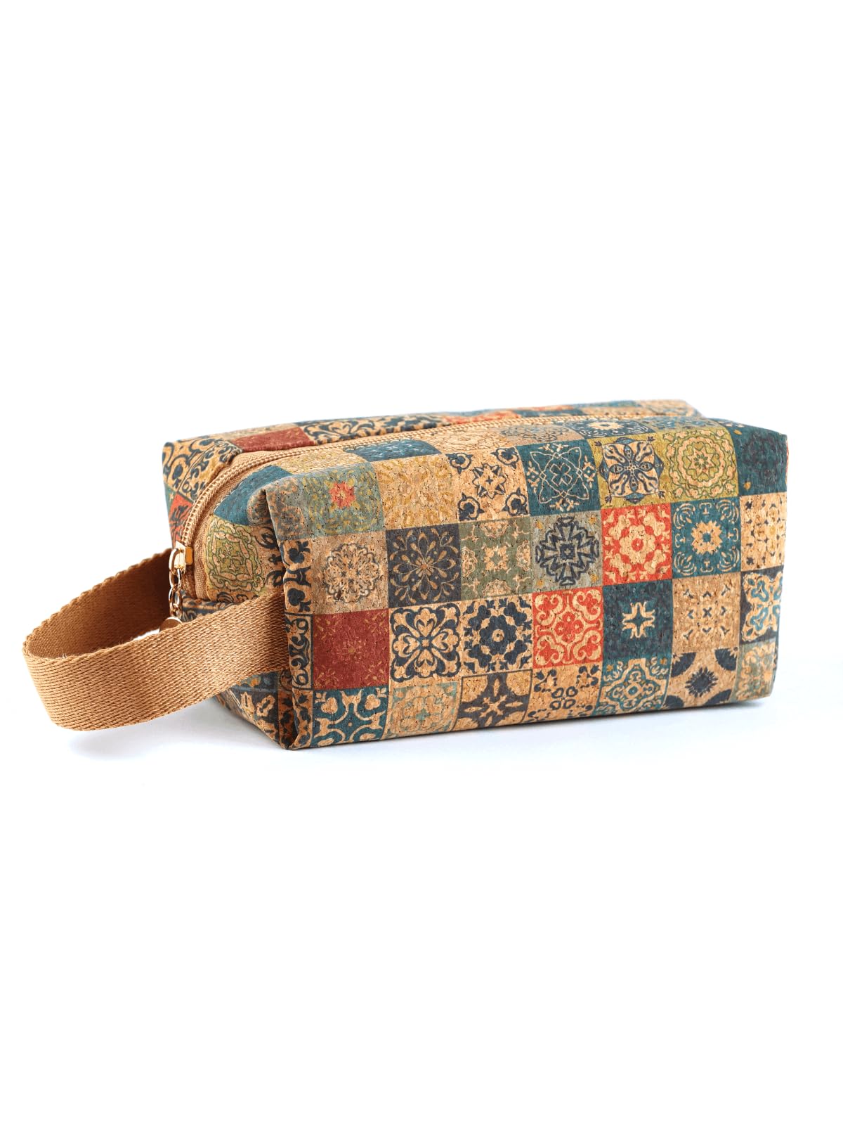 Boho Cork Makeup Bag, Floral Patchwork Pouch, 7.5 x 3.5 x 3.5 in