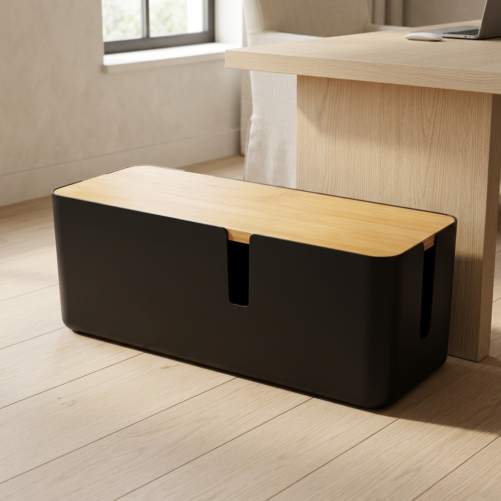 Cable Management Box with Bamboo Lid for Surge Protectors, Black