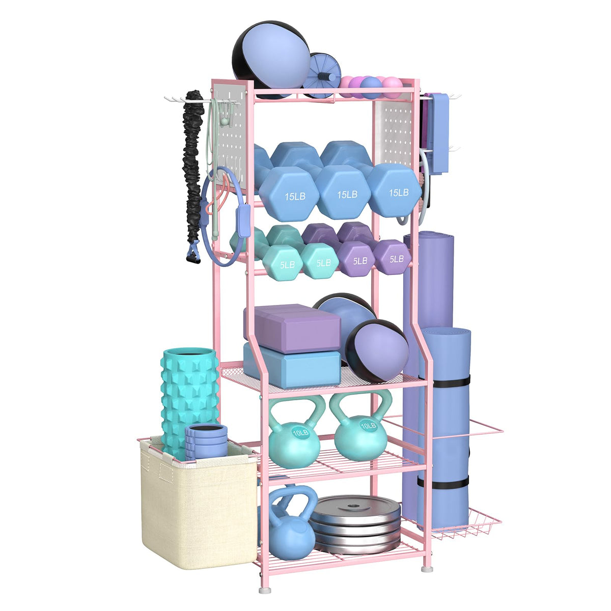 6-Tier Dumbbell Rack with Pegboard, Hooks and Mat Basket, Pink
