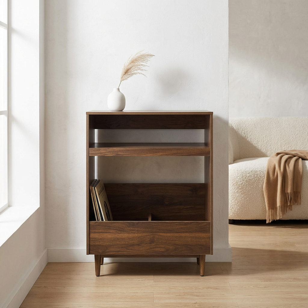 Mid-Century Record Player Stand with Flip-Bin Vinyl Storage, Walnut