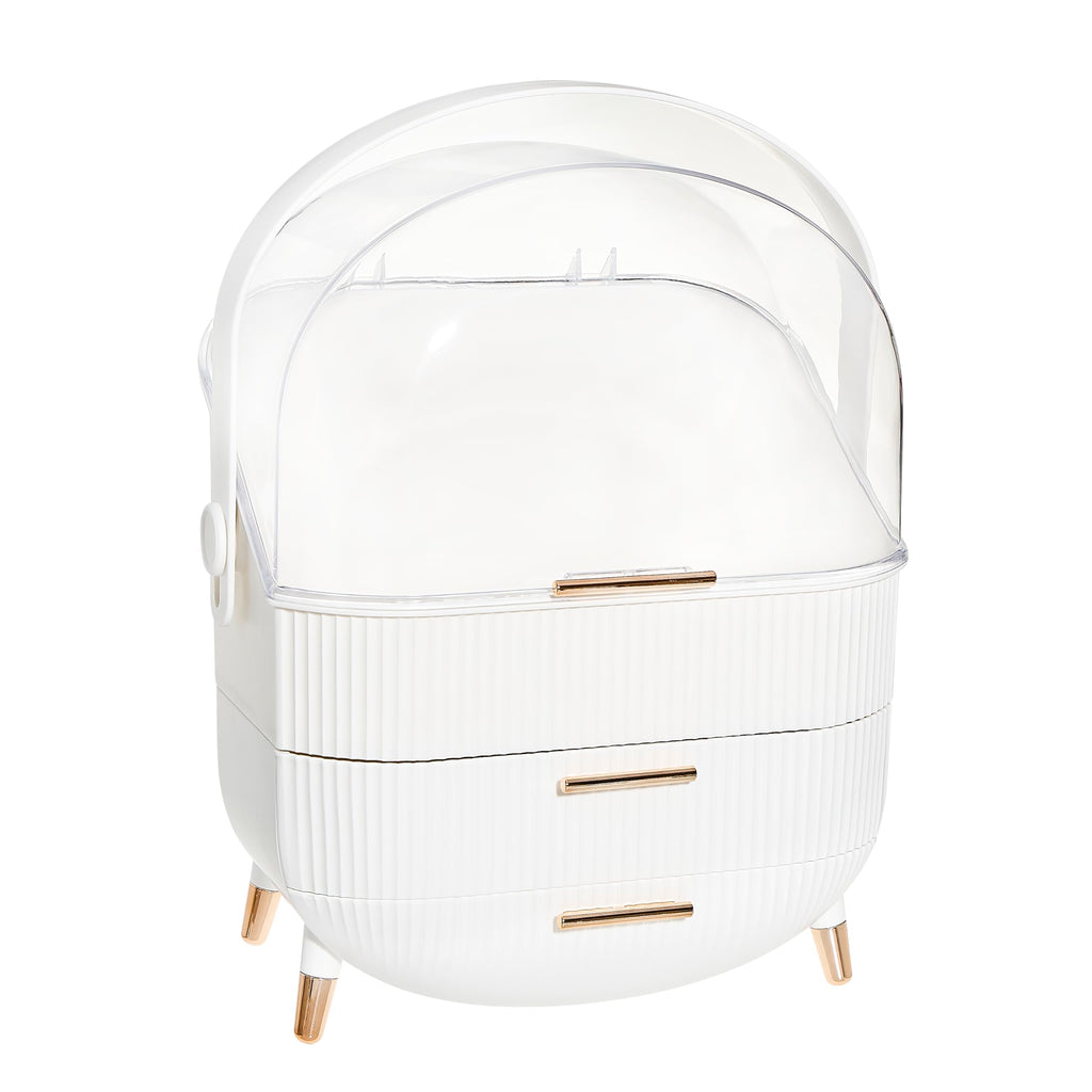 Oval Dustproof Makeup Organizer with Adjustable Dividers, White