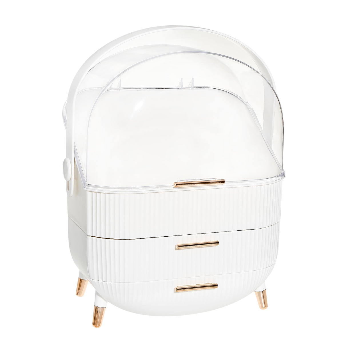 Oval Dustproof Makeup Organizer with Adjustable Dividers, White