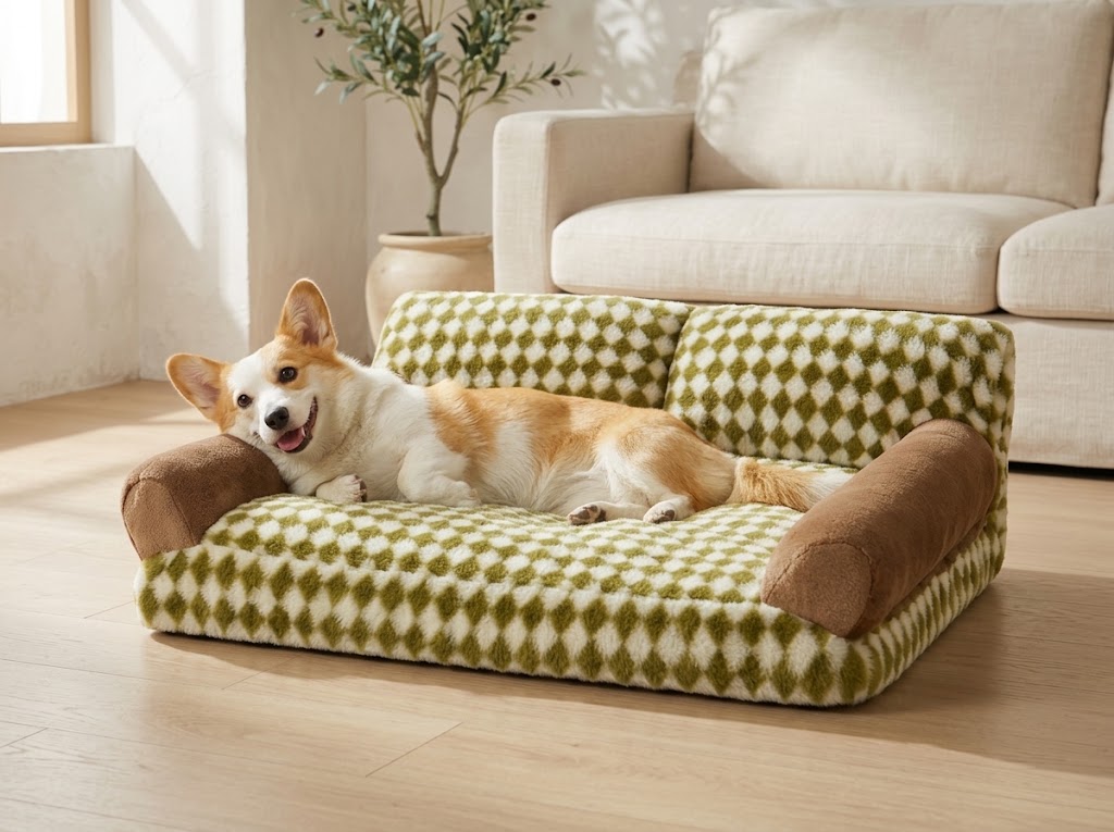 Checkered Pet Couch Bed with Washable Cover, 36 x 27 in, Green and White