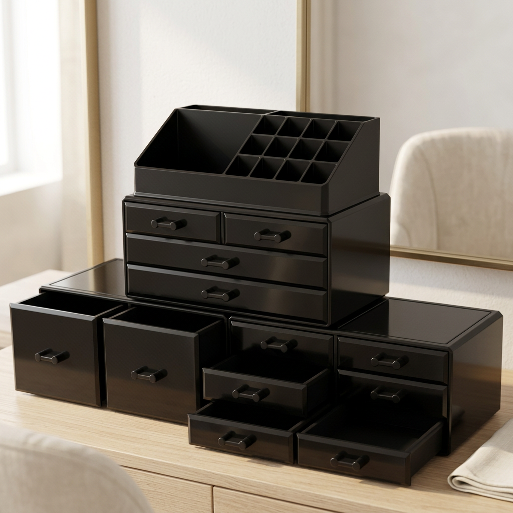 Stackable 12-Drawer Makeup and Jewelry Organizer with Lipstick Tray, Black