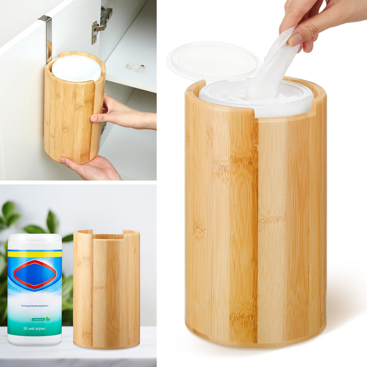 Wall-Mount Bamboo Wipes Dispenser with Stainless Steel Hook