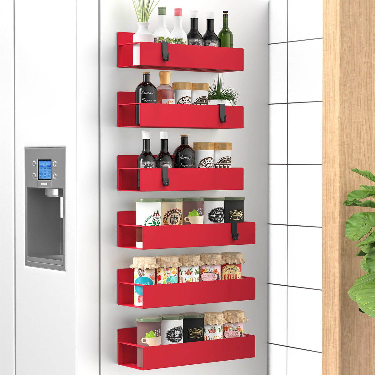 Magnetic Spice Racks for Fridge and Oven, Red, Set of 6