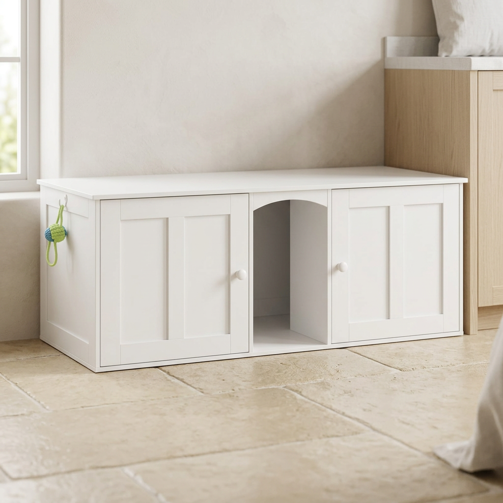 Double-Room Wood Litter Box Furniture with Hooks and Scratch Mat, White