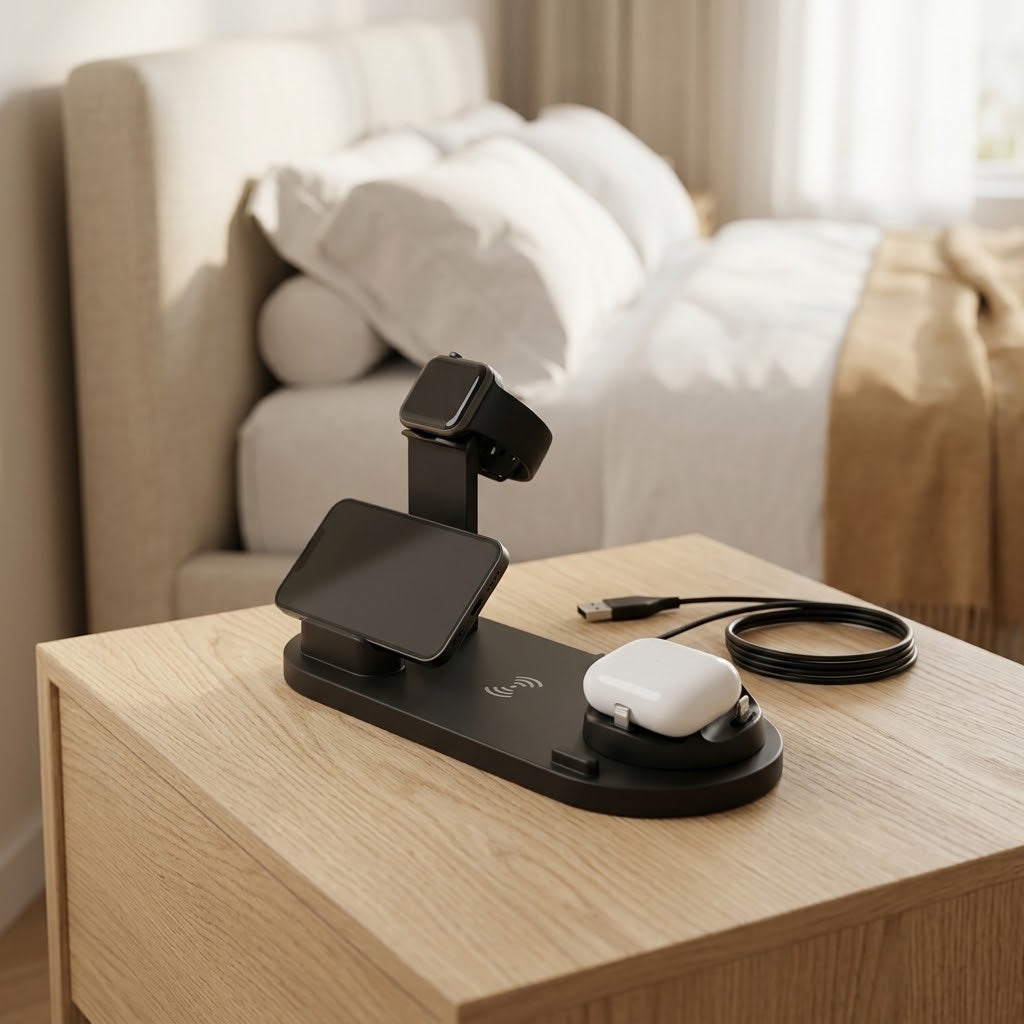 Wireless Charging Station with USB-C, Micro and Lightning Docks, Black