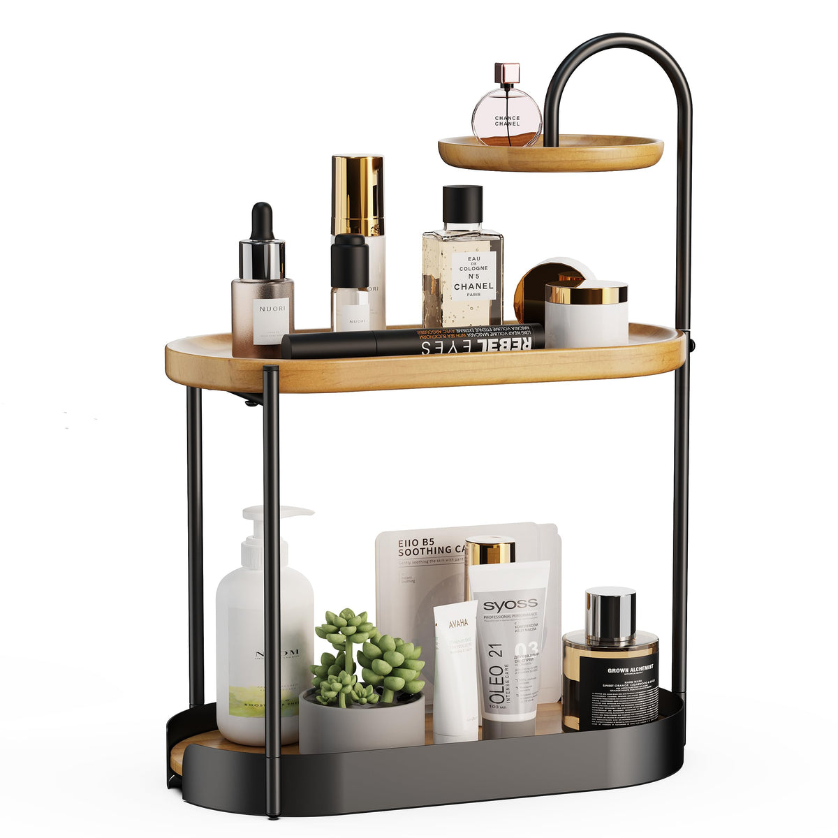 3-Tier Pine Wood and Iron Vanity Organizer with Jewelry Disc