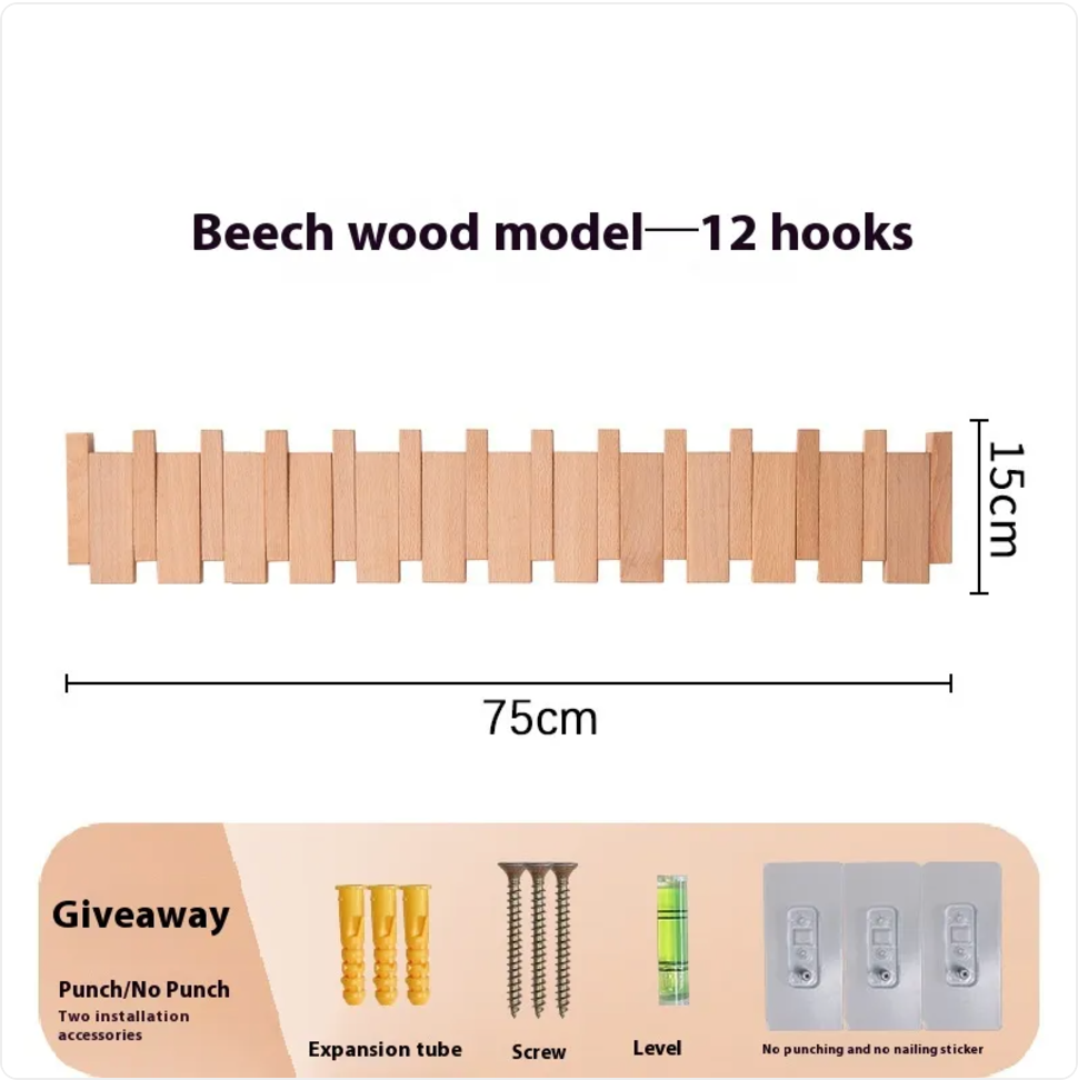 Solid Wood Wall Coat Rack with 4 to 12 Hooks for Entryway