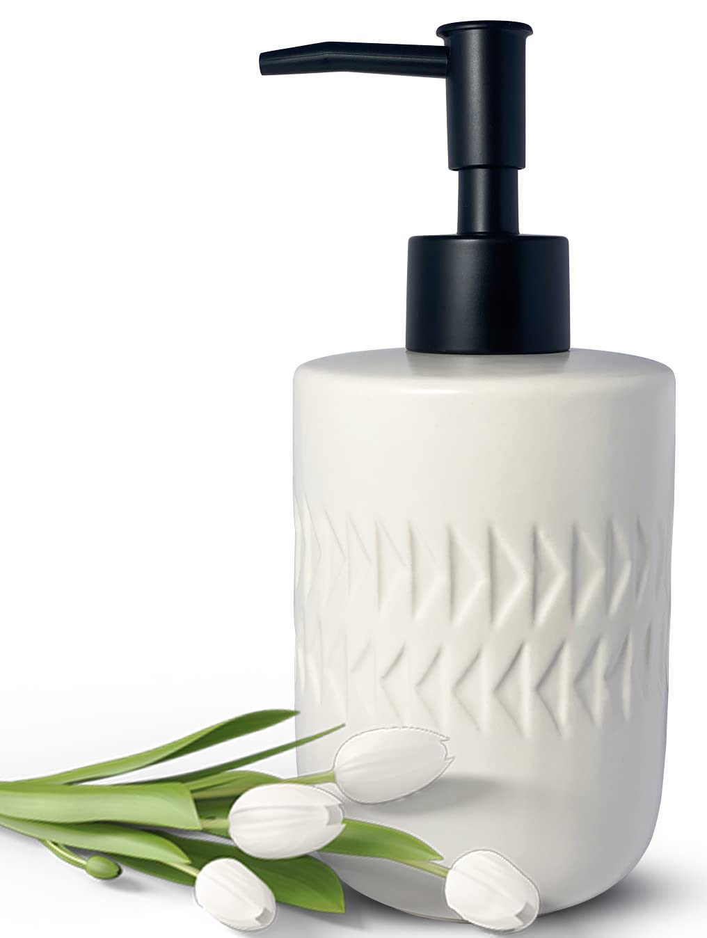 Ceramic Relief Soap Dispenser with Matte Black Pump, 12 oz, White