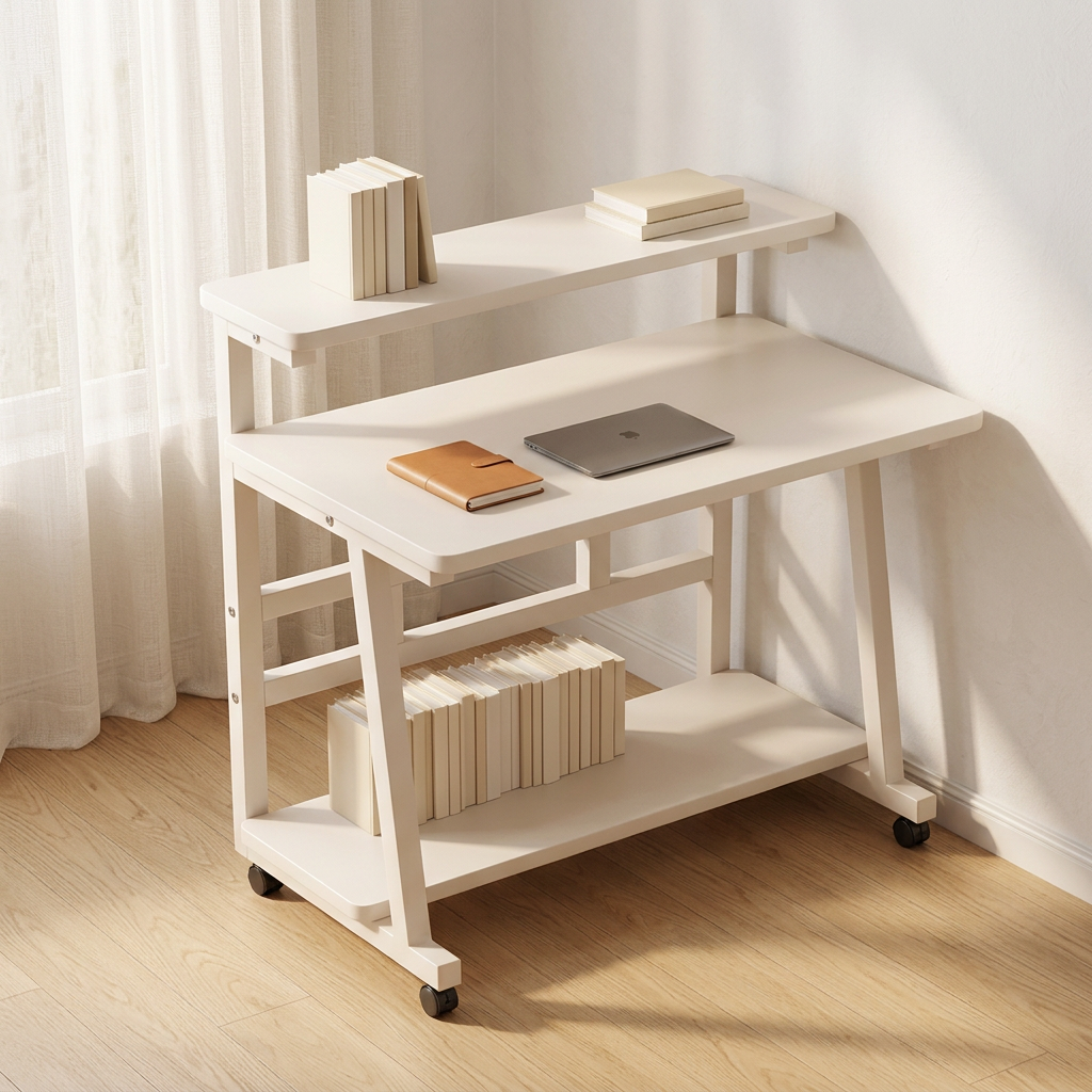 Small Rolling Computer Desk with Monitor Stand, 31.5 in, White