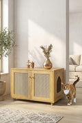 Rattan-Look Litter Box Enclosure End Table with Scratcher Space, Oak