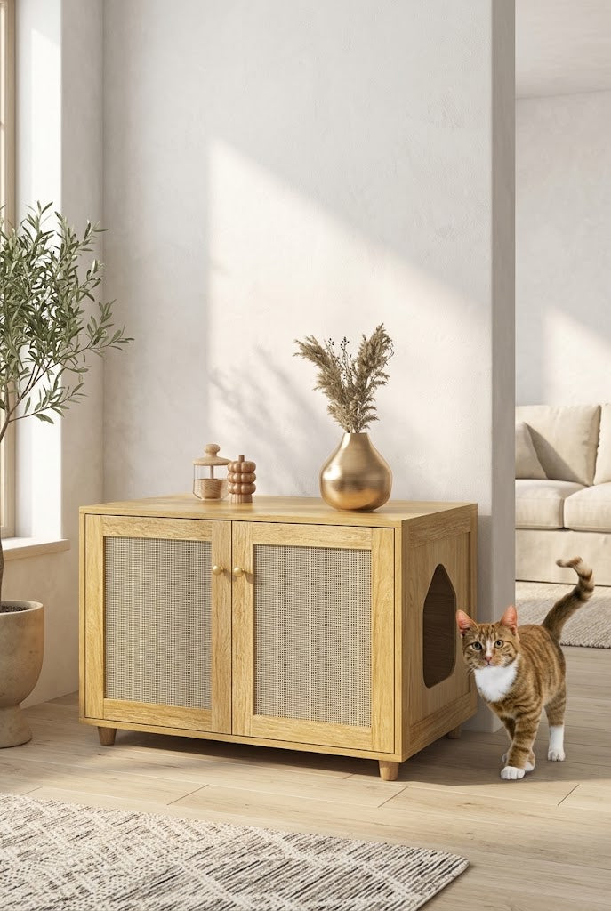 Rattan-Look Litter Box Enclosure End Table with Scratcher Space, Oak