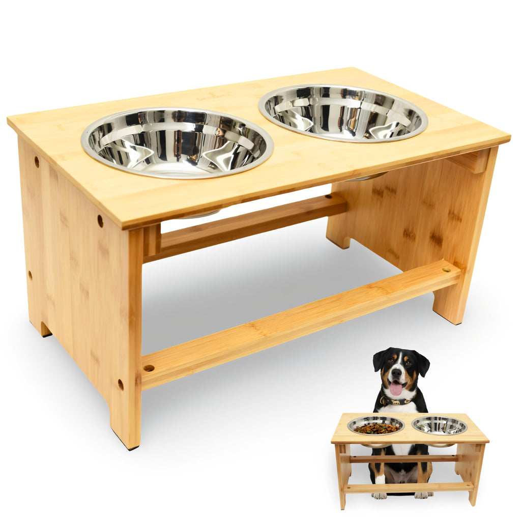 Bamboo Raised Dog Bowl Stand with 2 Bowls for Medium Dogs
