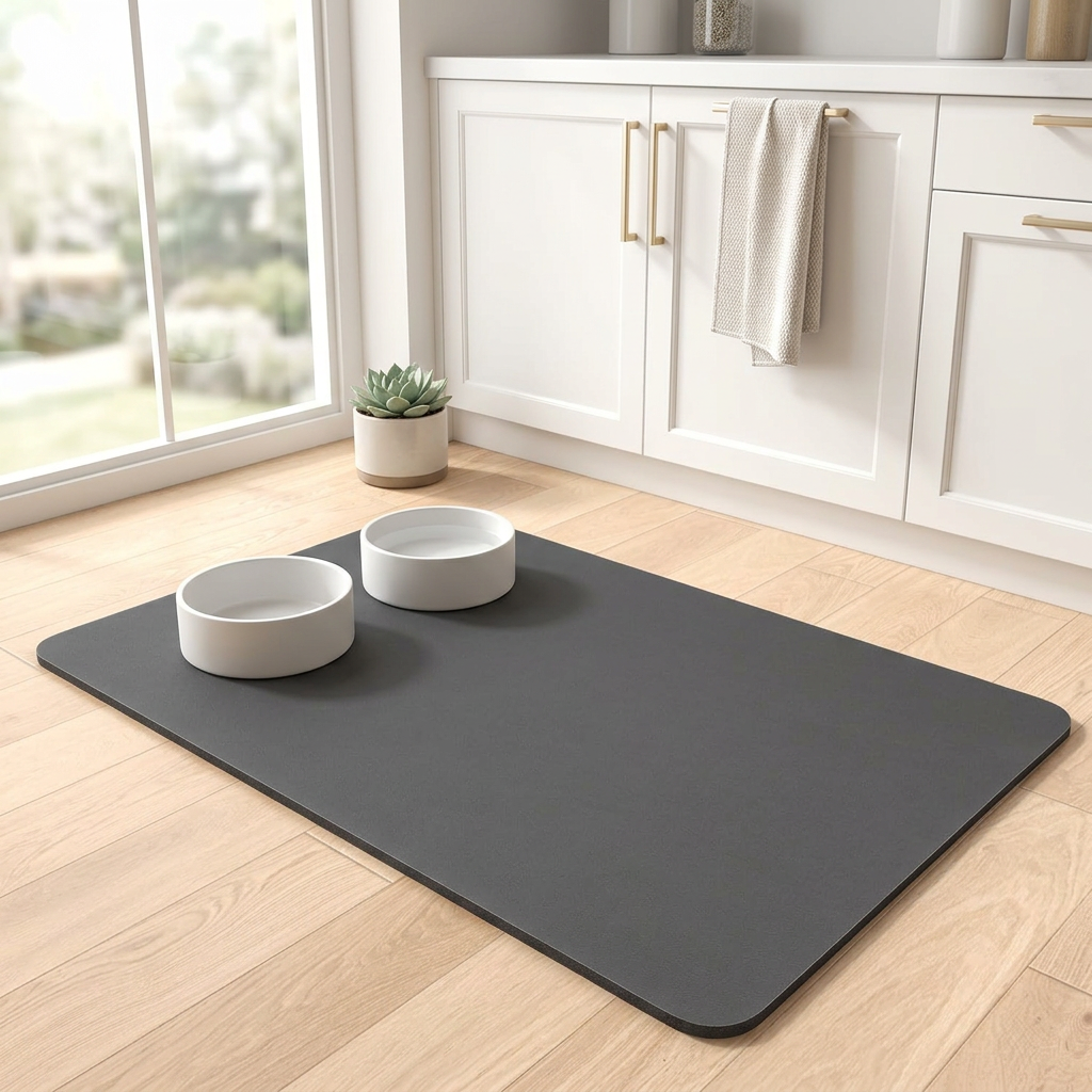 Absorbent Quick-Dry Pet Feeding Mat, 17 x 28 in, Dark Grey