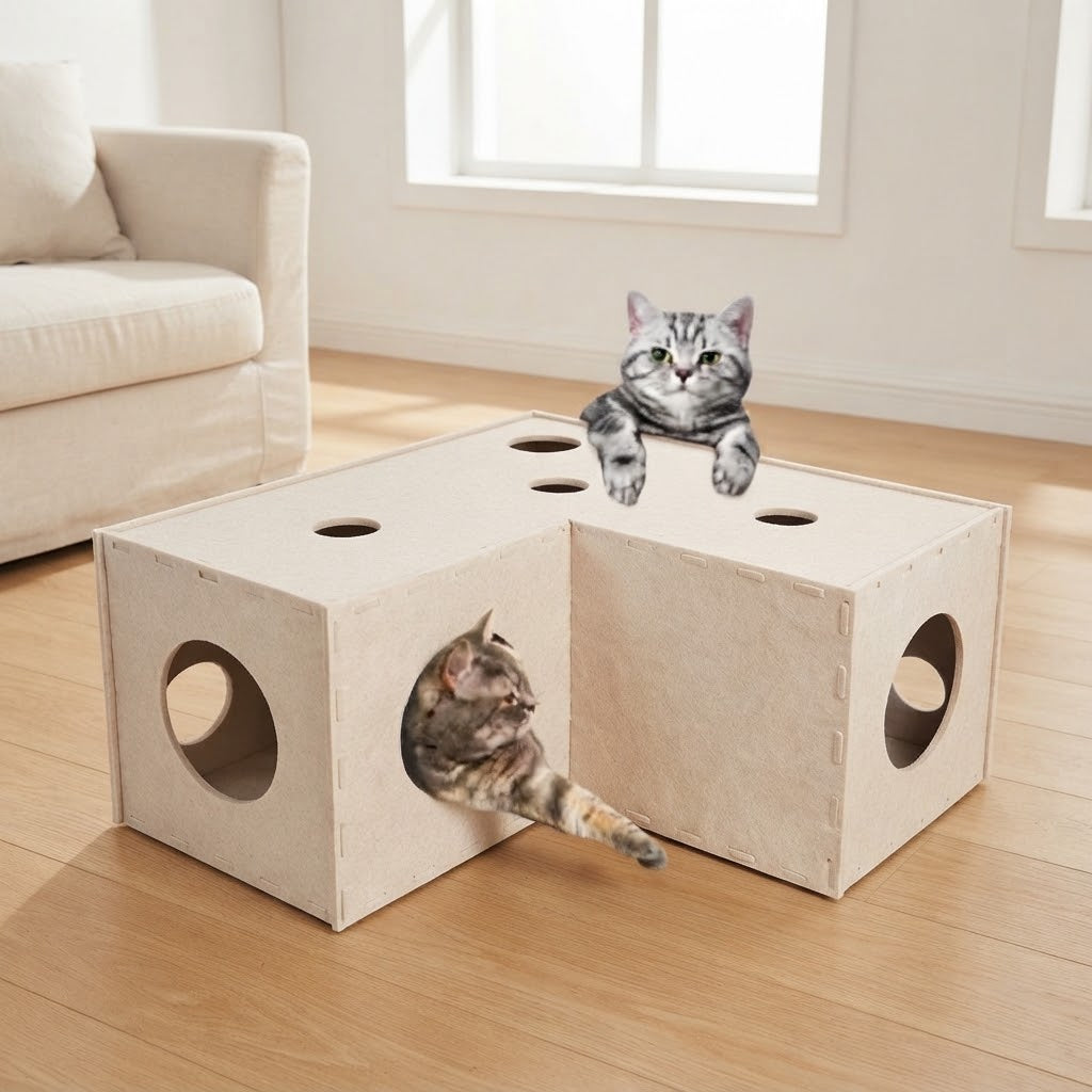 L-Shaped Felt Cat Tunnel with 14 Peek Holes and 3 Entrances, Beige