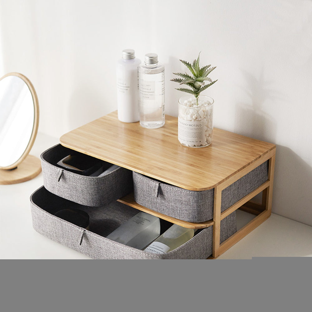 Stackable Bamboo and Fabric Drawer Storage Box, Makeup Stand