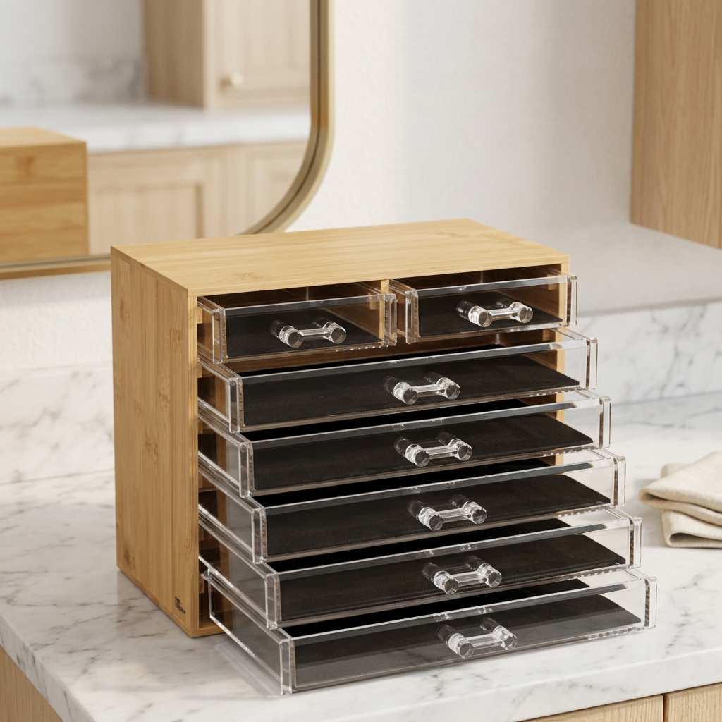 Bamboo Makeup Organizer with 7 Acrylic Drawers, 9.5 x 8.1 in