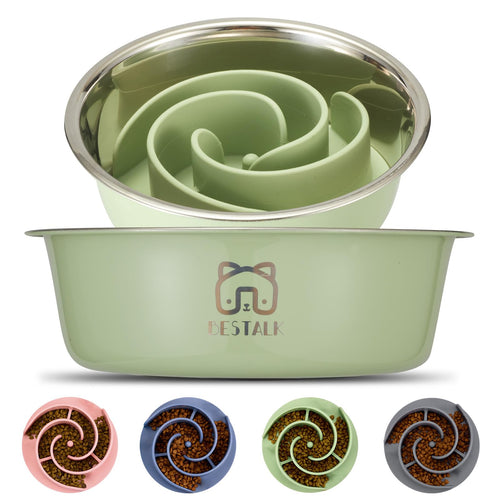 2-in-1 Stainless Steel Dog Bowl with Slow Feeder Insert, Green