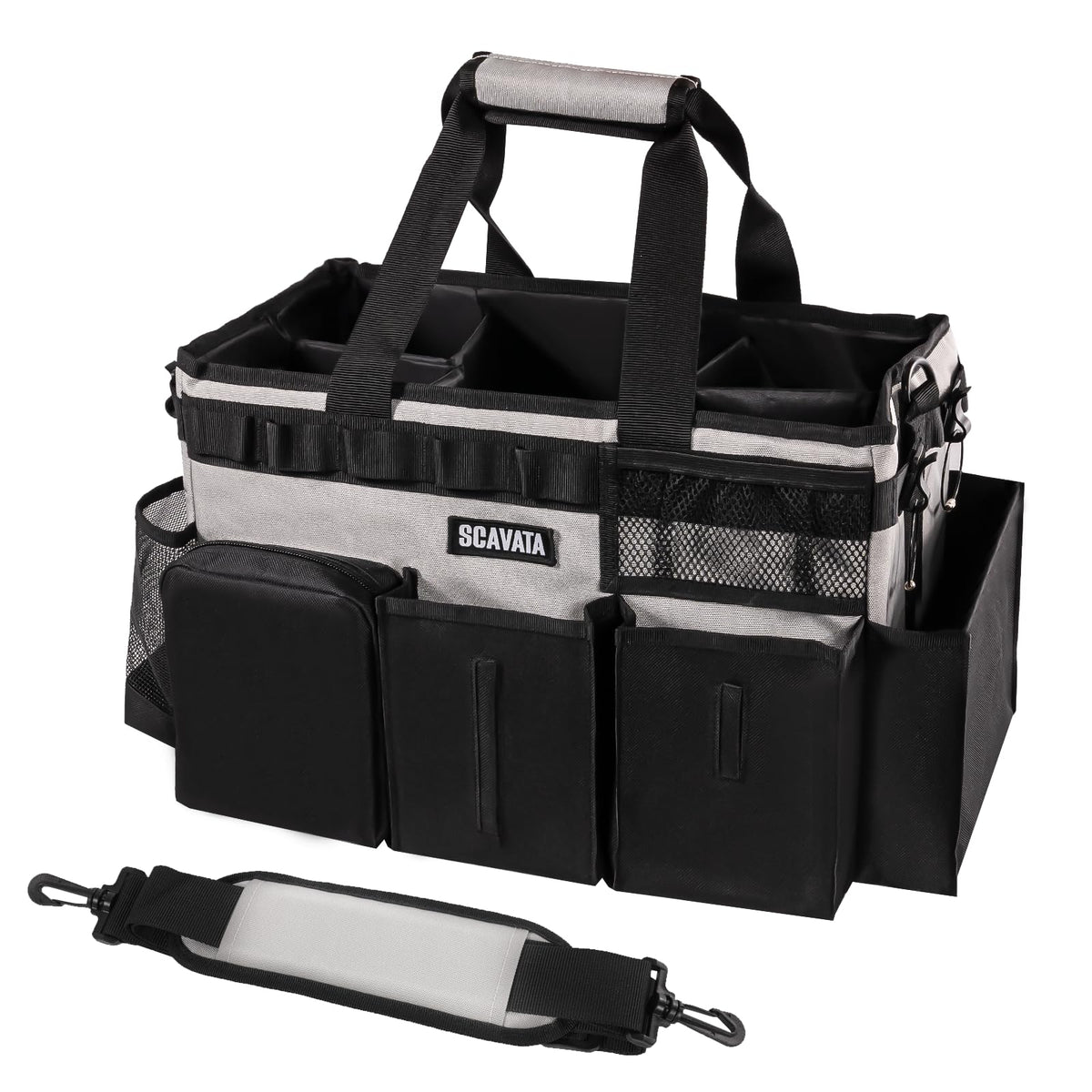 Wearable Cleaning Caddy Bag with Dividers and Trash Bag Dispenser, Grey