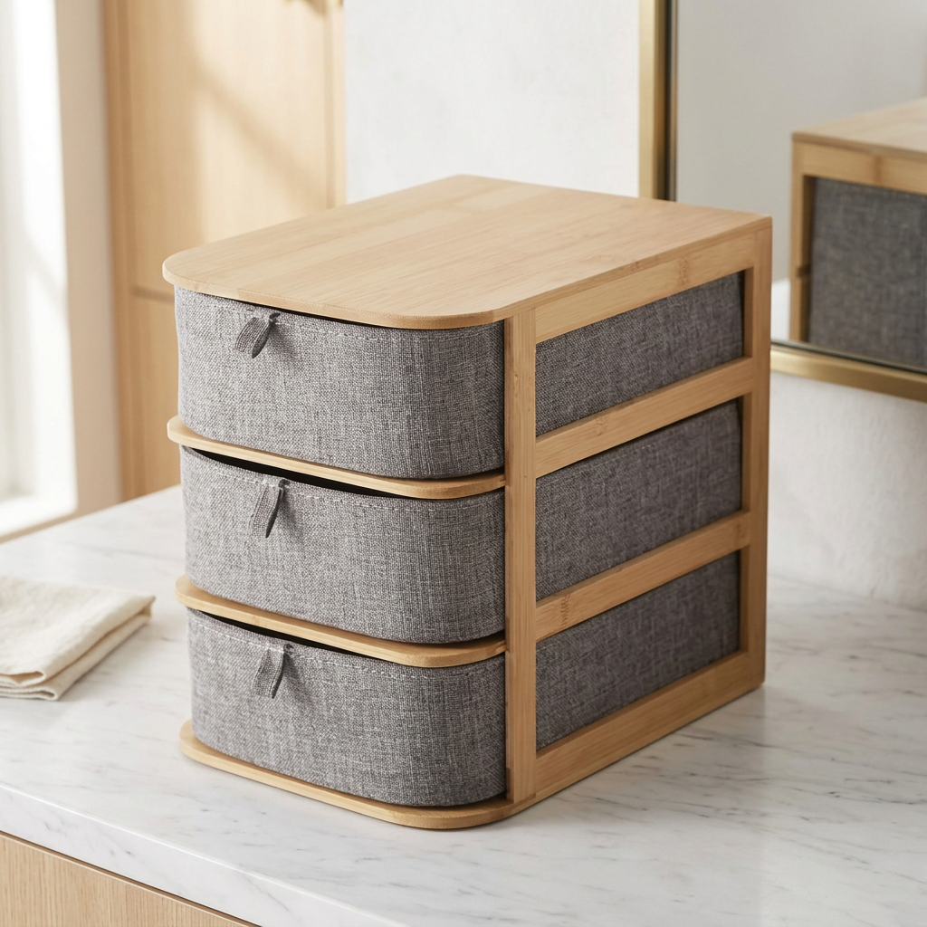 Stackable Bamboo and Fabric Drawer Storage Box, Makeup Stand