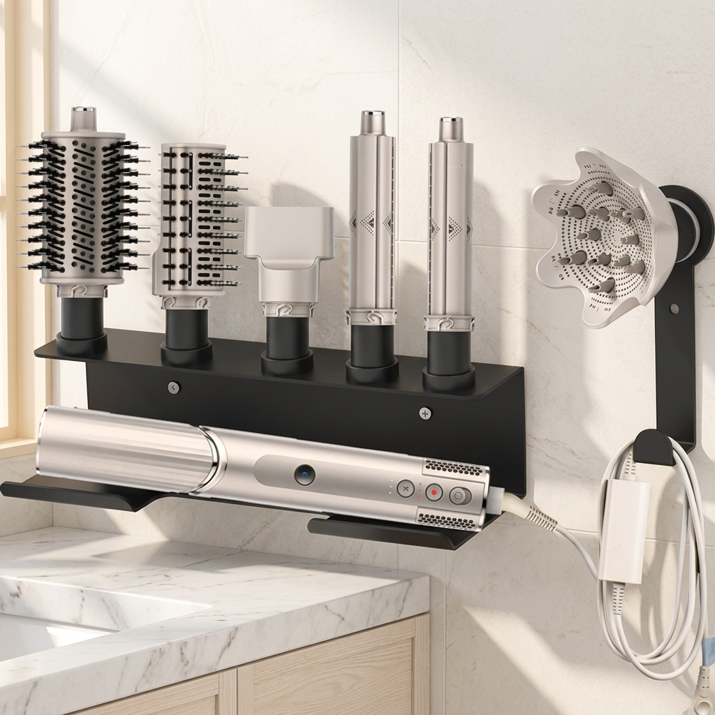 Wall-Mount Metal Holder for Multi-Styler Hair Dryer and Attachments
