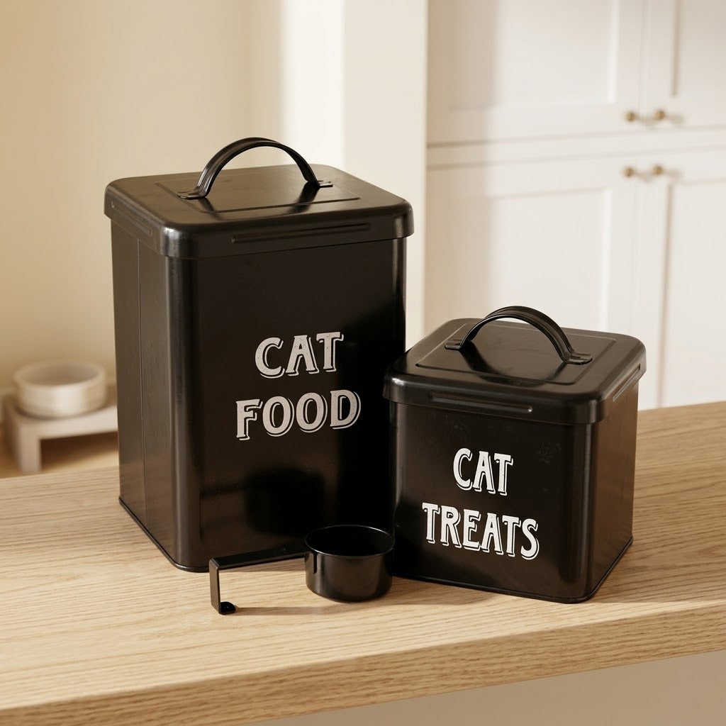 Farmhouse Cat Food and Treat Tin with Lid and Scoop, Black